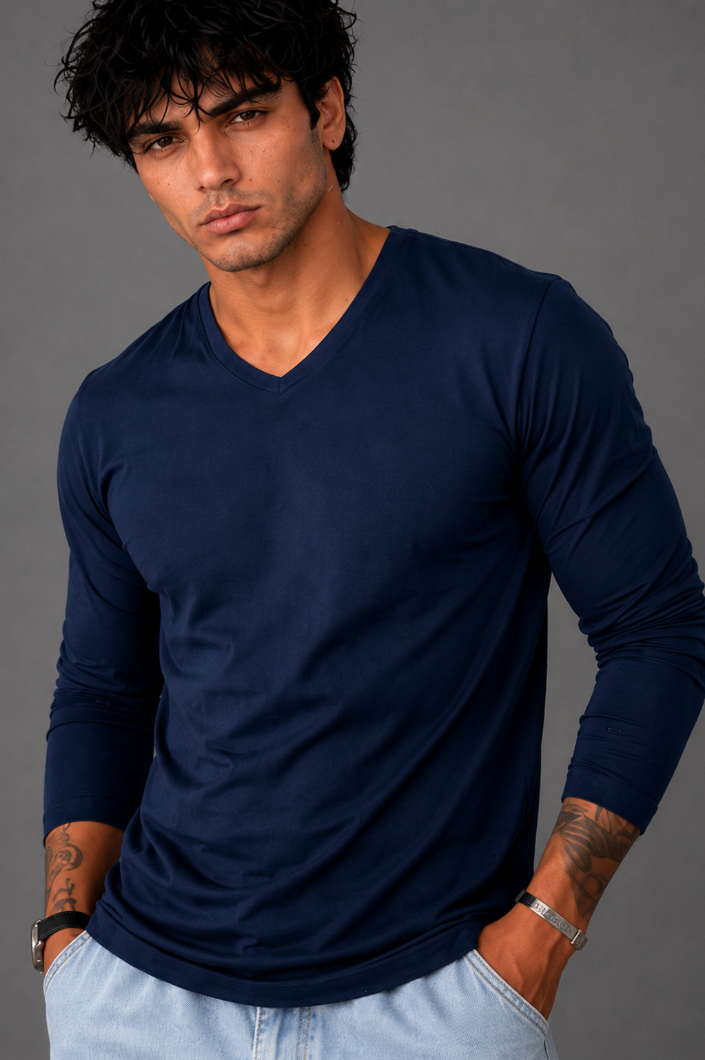 Ribbed V-Neck Basic Tee