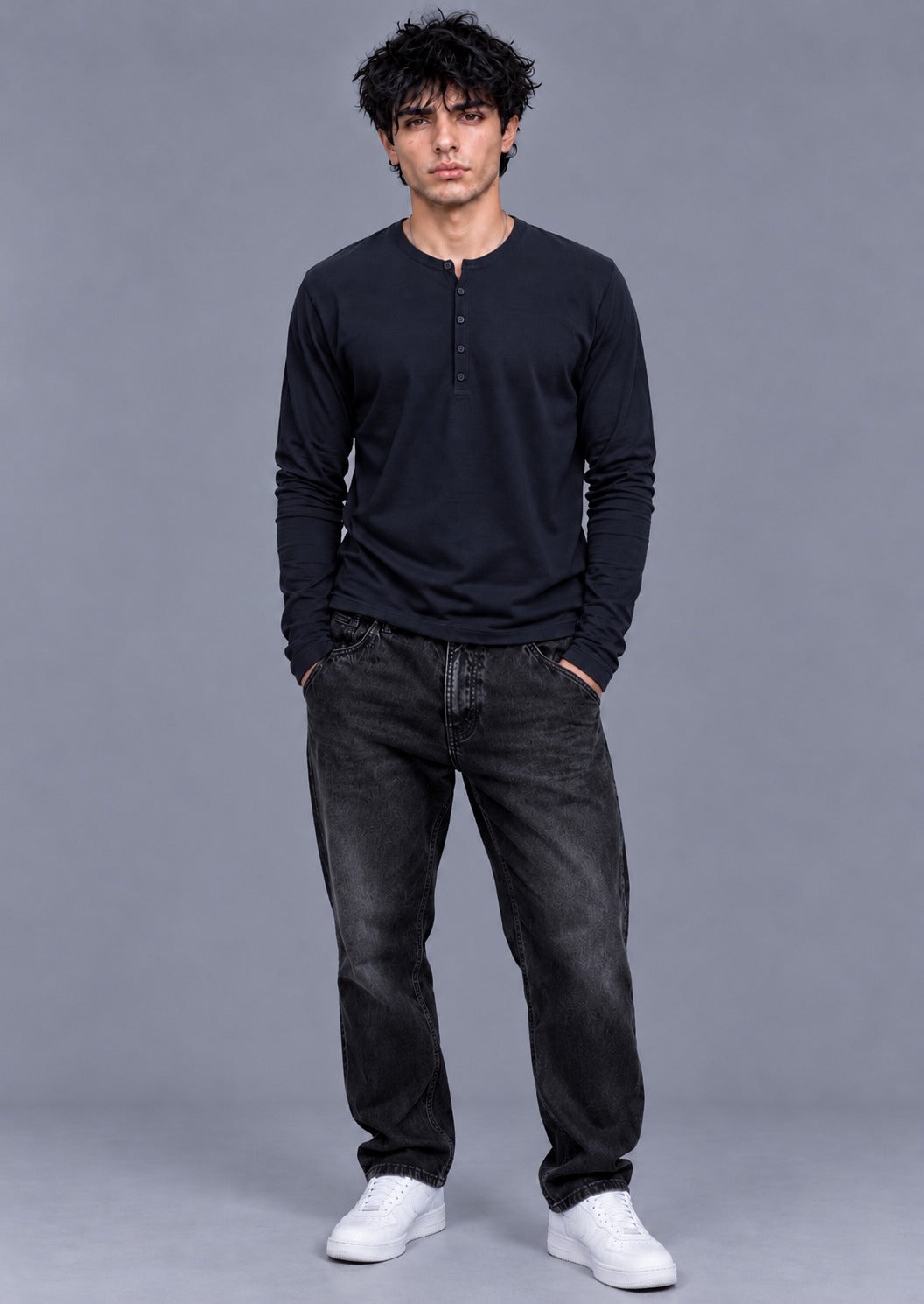 Ribbed Henley Full Sleeve T-Shirt