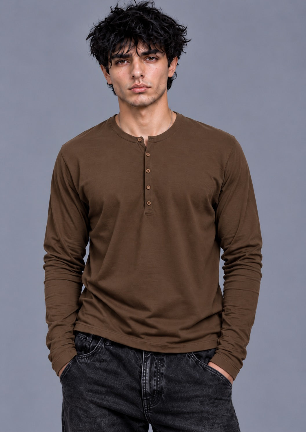 Ribbed Henley Full Sleeve T-Shirt