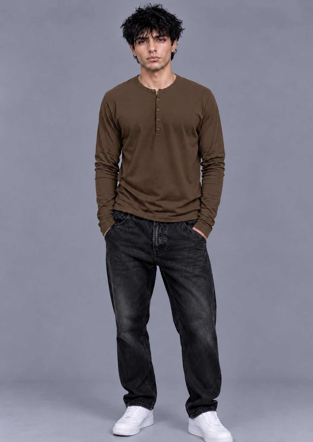 Ribbed Henley Full Sleeve T-Shirt